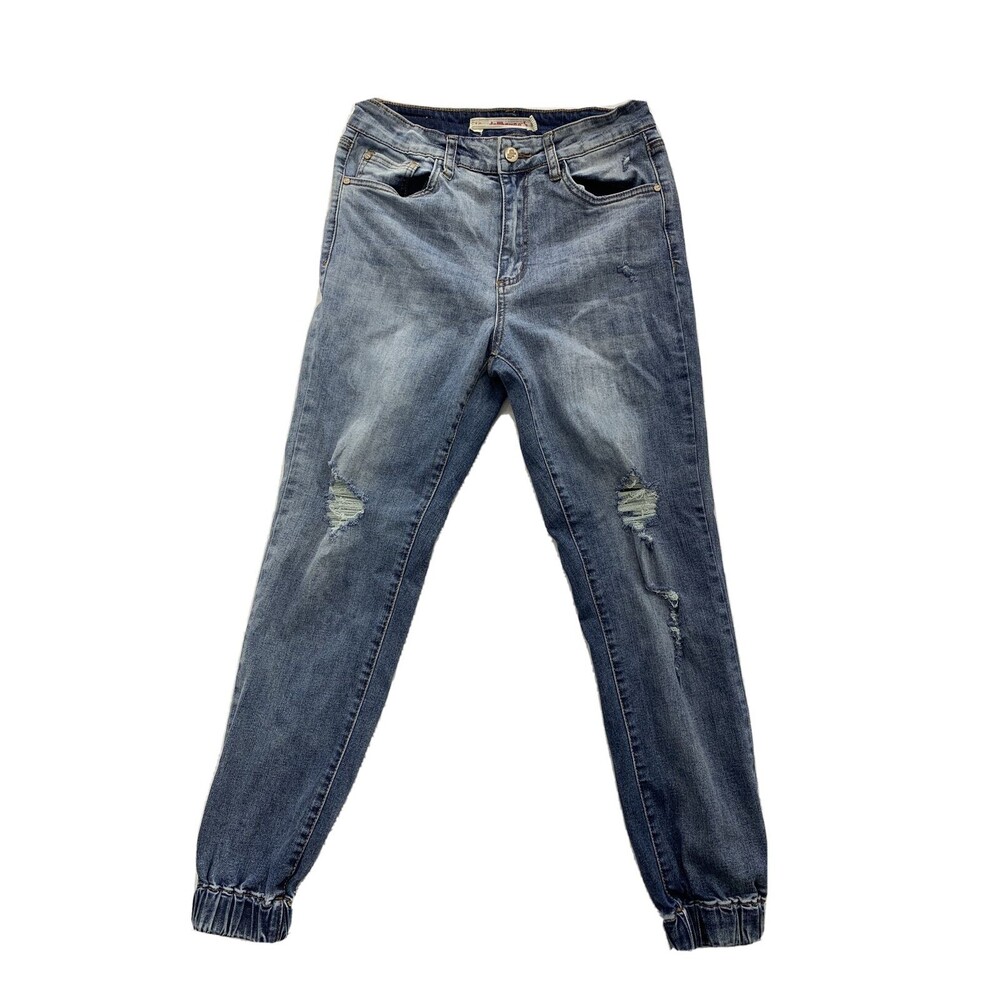DollHouse Womens Denim Jogger Jeans Size 9 Medium Wash Distressed Destroyed
